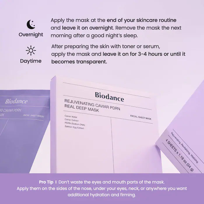 Biodance Rejuvenating Caviar PDRN Real Deep Mask - 4 Pack for Natural Skin Renewal & Firming